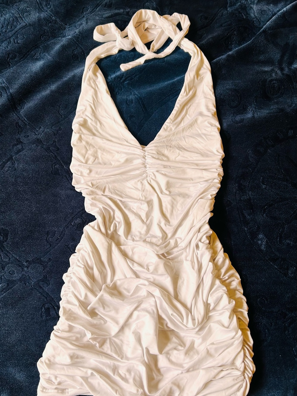 White Ruched Halter Mini Dress Y2K